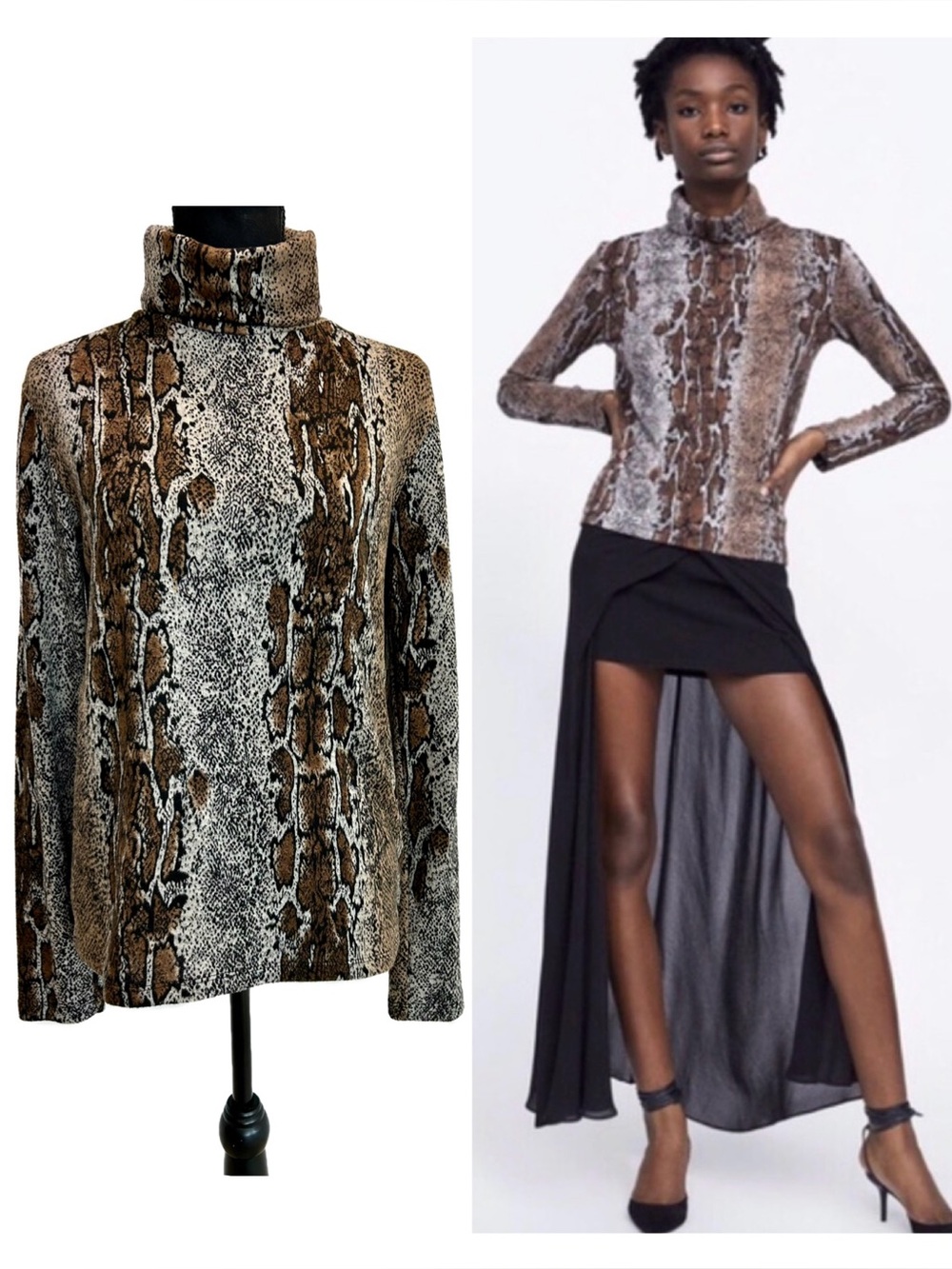 Zara Python Snake Animal Print Turtleneck Sweater Top Tan Brown Cream Sz L